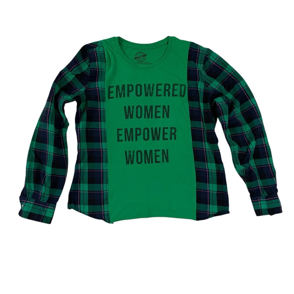 One of a Kind Tshirt with Plaid Long Sleeves Green Empowered Women Graphic Tee S